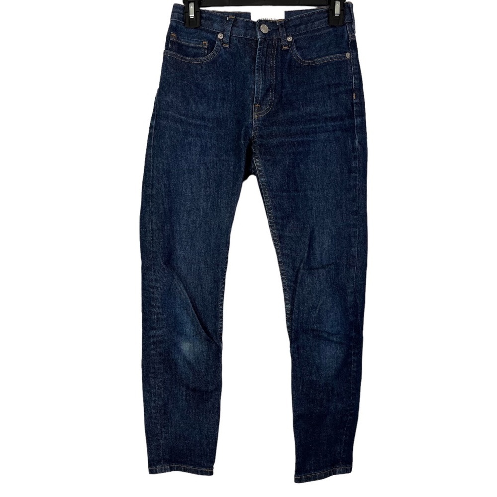 EVERLANE HIGH RISE Zip Fly Stretch Dark Wash Distressed Blue Jeans sz 24 Ankle